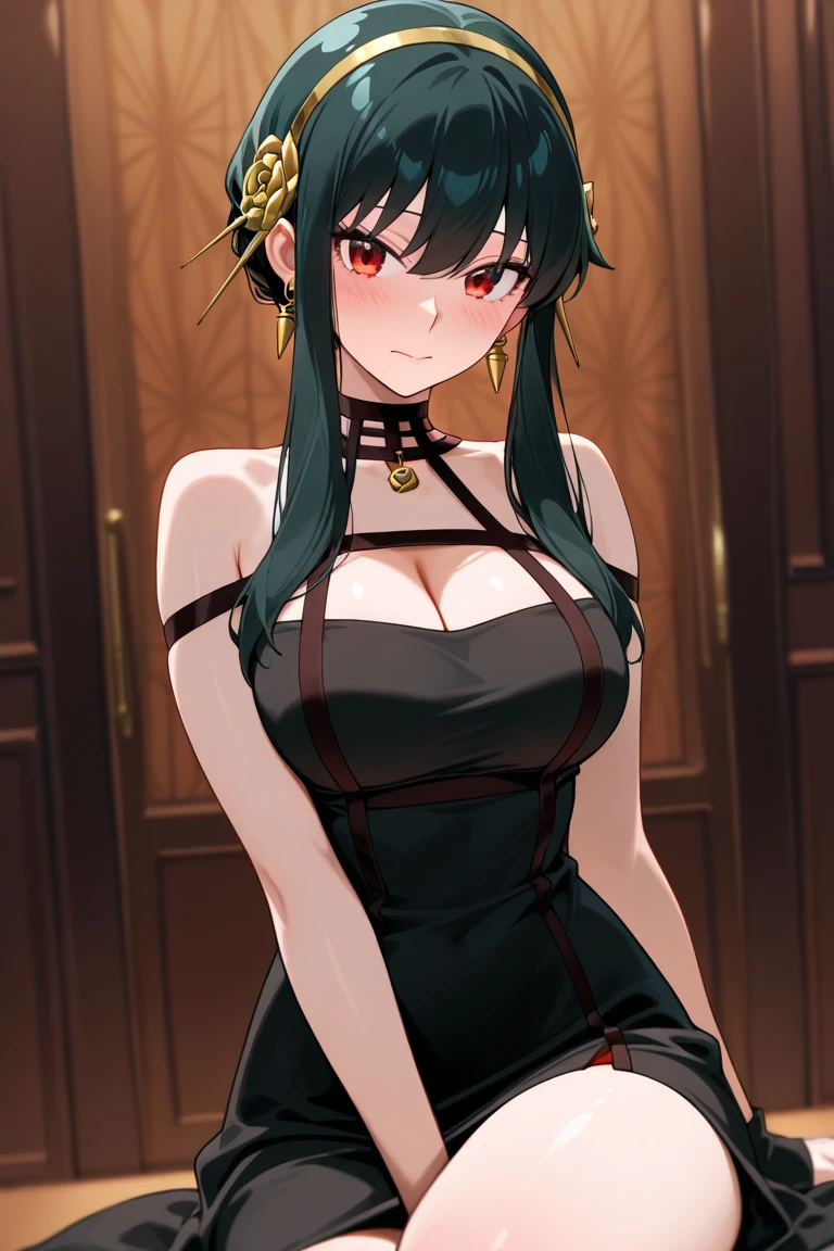 yor briar, 1girl, bare shoulders, black dress, black hair, breasts, closed mouth, dress, earrings, flower, hair flower, hair ornament, hairband, jewelry, medium breasts, long hair, looking at viewer, red eyes, sidelocks, sleeveless, solo, upper body, in room background, ((masterpiece))