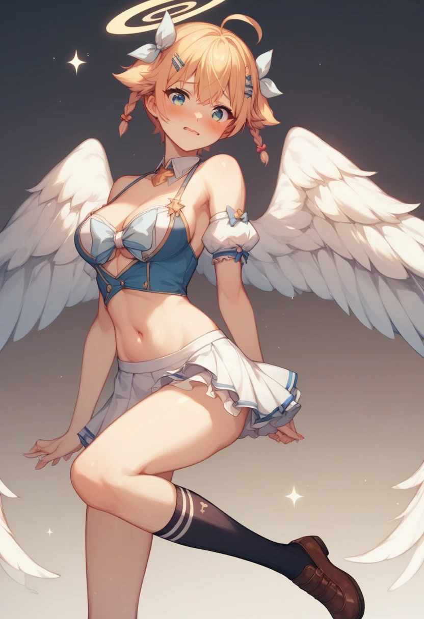 (masterpiece, highest quality, ultra high res, ultra detailed:1.3), 1 cute girl, 18yo, ideal ratio body proportions, blonde short hair, (red magical girl outfit, black frilled mini skirt:1.3), puffy shoulders, bare arms, magic wand, (white cotton panties, 1 strange small animals:1.6), dynamic pose, night city, clothes covered nipples, smiling,