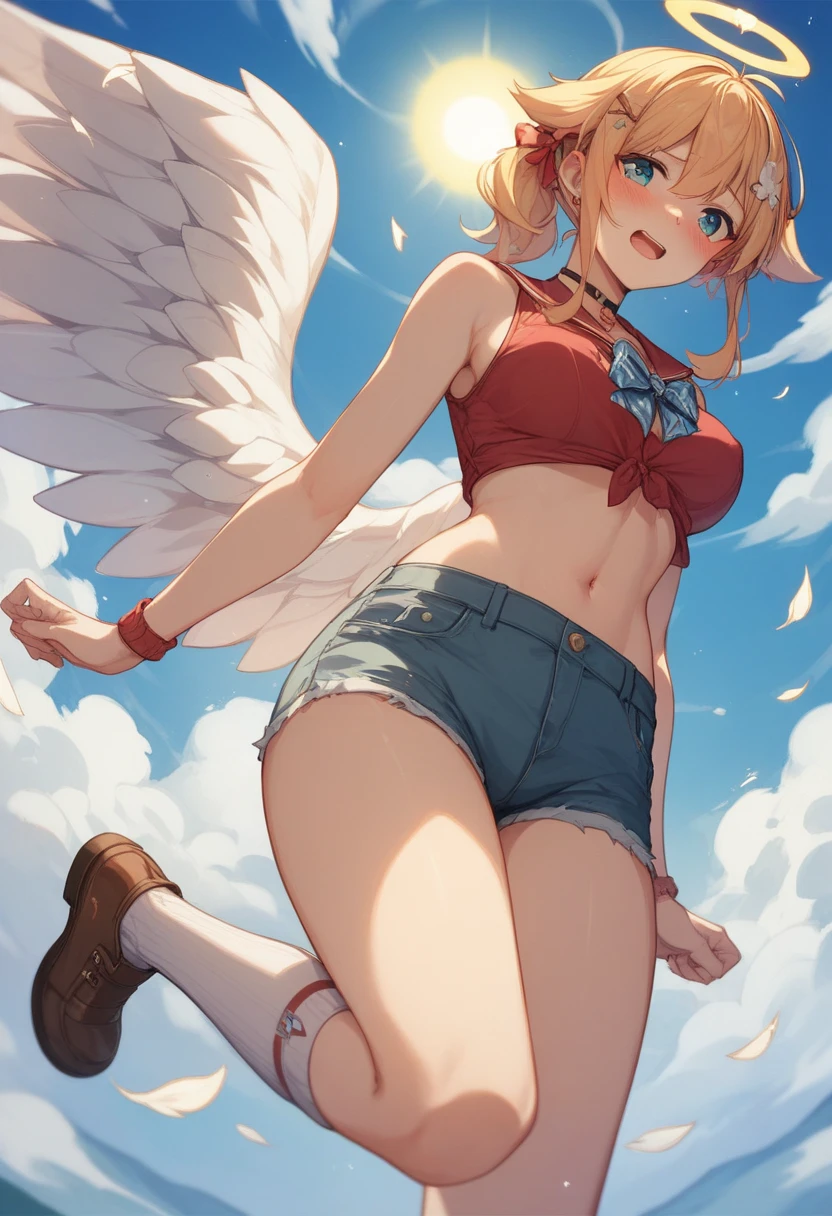 nsfw、Browsing Caution、(masterpiece:1.3), (highest quality:1.9), High resolution, (Cute Woman:1.3), alone, White skin, Medium breast, Eight-headed person, Bright yellow hair, Long Hair, (Red ribbon:1.3), Fluffy hair, Long Hair、Beautiful Hair, Green Eyes, Beautiful details, Bright smile, All Nude、whole body、(Angel Wings:1.6)、sky、(Angle from below:1.5)、(flight:1.9)、(Sweat gushes out:1.1)、(full body:1.5)