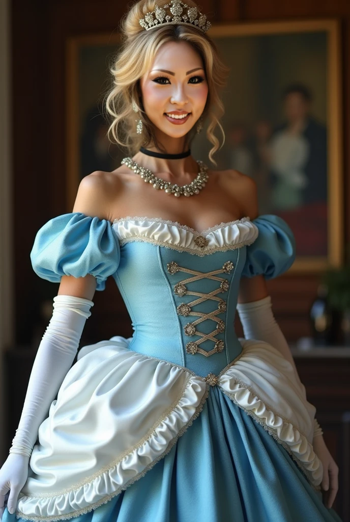 A stunningly beautiful blonde blue eyed well-dressed Princess with elaborately curled and styled hair shining with Royal Pomp and Regal Splendor, wearing a Stately and (((Elaborate))) Royal Cinderella Ballgown with decoratedwith crystals rhinestones and gems(((enormous puffed sleeves))) a stiffly boned, padded and corseted bodice, an hourglass waist, a (((huge crinoline hoopskirt))) and (((bustle))), adorned with ribbons, bows, roses, lace, ruffles, frills, embroidery, and jewels, long white gloves, pearl necklace and earrings, big breasts