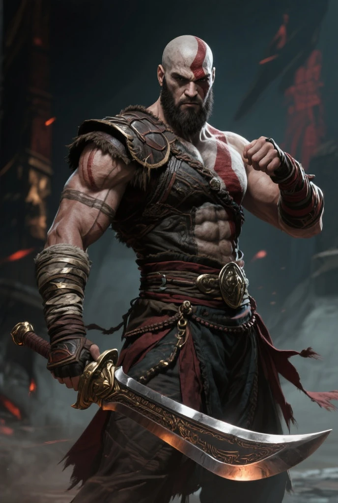 Fat bald man with angry face doesn't have neck , wielding a bow