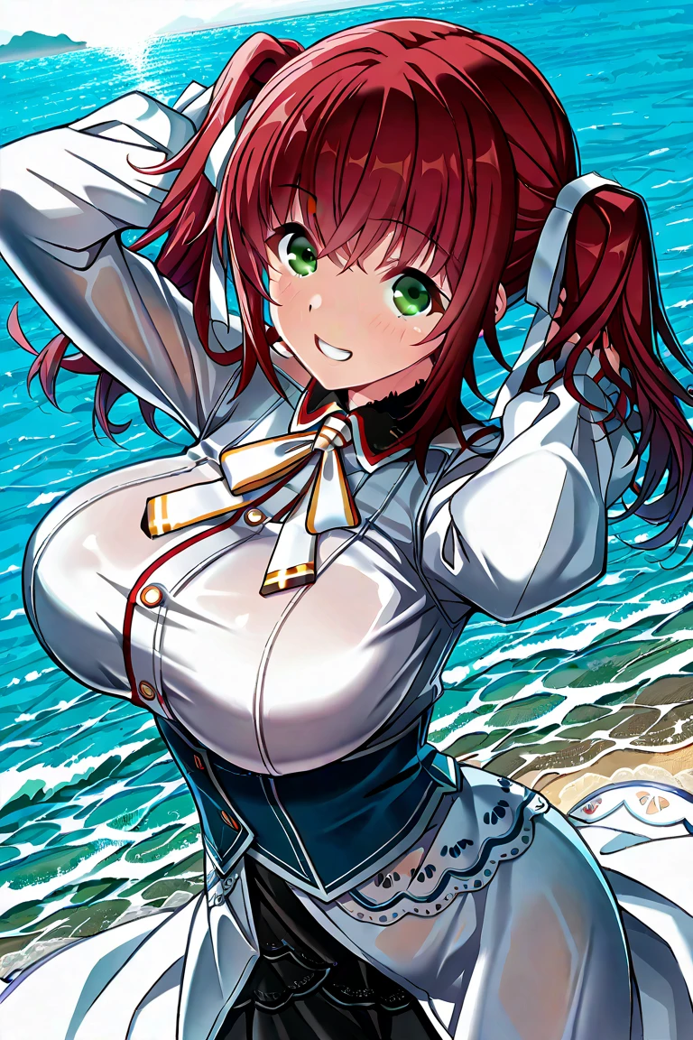 ((Highest quality, High resolution, Perfect Pixel, 4K)), (Beautiful Anime Girls), Depth of written boundary、
Yuigahama Yui, (Big Breasts:1.2)、pink hair,
(tkancolle, beret, jacket, blue jacket, long sleeves, gloves, blue skirt, thighhighs, garter straps),
smile、Open your mouth、
On the Sea、
dynamic pose,