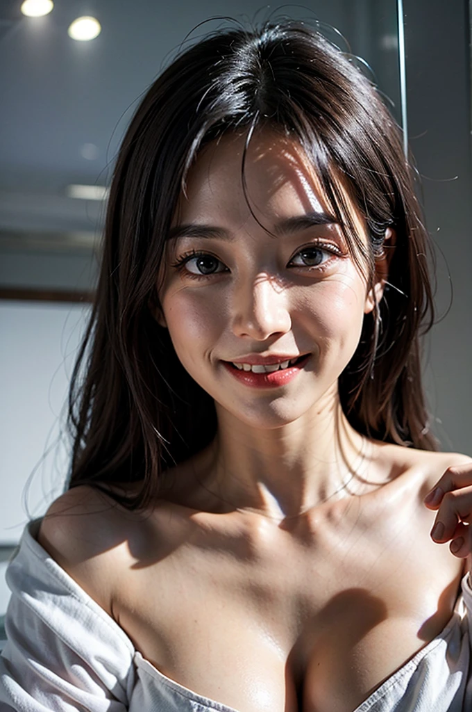шедевр、beste-Qualit、realisitic、(A hyper-realistic), (illustratio), (A high resolution), (8K), (richly detailed), (the best illustration), (beautiful-detailed eyes), (beste-Qualit), (ultra hyper-detailed), (шедевр), (wall-paper), (details face), a bed、Upper body close-up,Armpit, A smile,Plump,独奏,(Girl in a tight white tank top with open chest), full of sweat, japanes, big chest out, (camel's toe)、gigantic-breast、Luxury living room、Detailed white teeth、ultimate beauty girl、