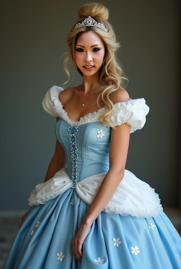 There stands a woman in a light blue-green satin Quinceanrra dress with long puff sleeves and gloves and a stand-up collar in front of a bed, turquoise dress, Anime Princess, lovely, lazy princess, long dress, lovely weibliche Prinzessin, lovely Prinzessin, elegantes glamouröses Cosplay, Nice costume, medieval princess, high-quality costume, Fantasy dress, Rococo style dress, Victorian dress, fully covered dress, royal dress, lovely Königin, wearing a wonderful dress,reifrock,coseted women with big breasts,diamond Collar,diamonds big earrings, Updo decorated with pearls,high heels, Full body photo, lascivious look,ruffles, many ruffles,detailed Face, long eyelashes, colorful eye shadow, Pink Lipgloss,
