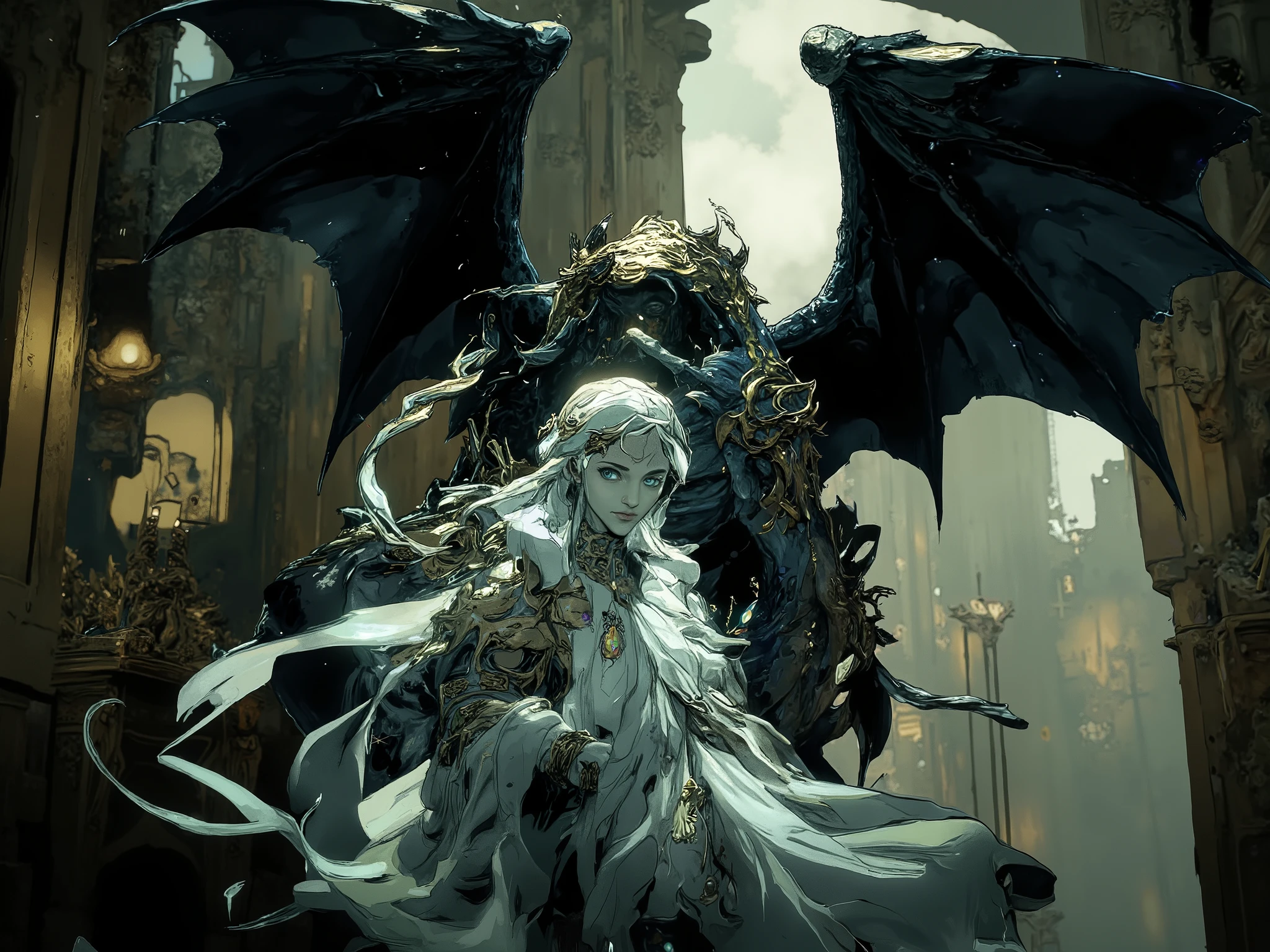 The silvermist ghost of a beautiful girl and the black bone dragon protecting her at night in the ruins of a church
