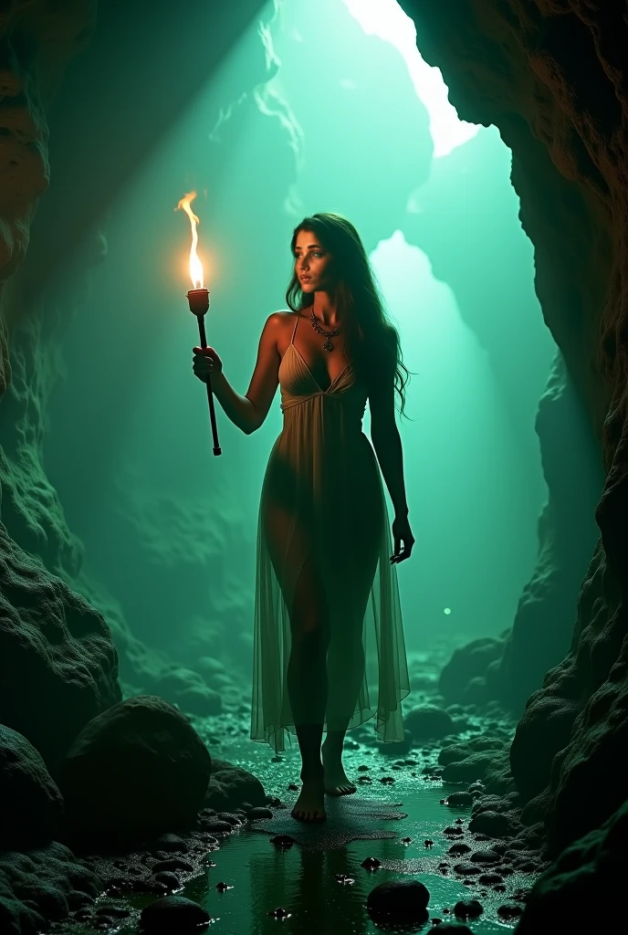 (RAW photo, realistic photo, high quality, masterpiece), beautiful woman is holding a torch and walking in the cave, in Mysterious Fog, dangerous, skull on the ground, green corrosive fluids on ground and body, clothes is corroded