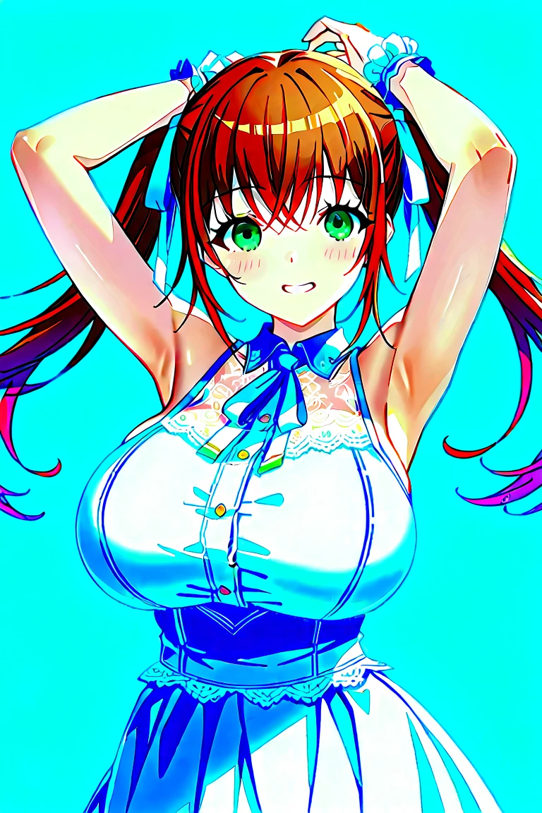 (White background:1.5),Anime cel drawing style, Best Quality, High resolution,(bikini of:1.8), (huge-breasted:1.3), Miku Fukawa, Green eyes, Huge breasts, Long hair, Orange hair, Ponytail, Hair Ribbon, Arms up,blush, embarrassed, Reluctant, ((Full body)), Looking at Viewer, (Beach), ((Full body)), (Cowboy Shot:1.2)
