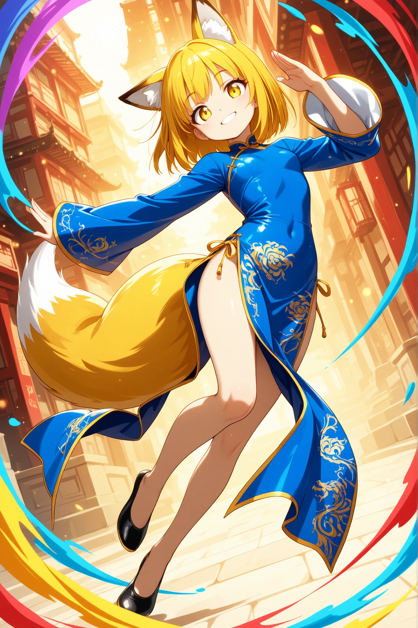 (masterpiece, Highest Quality), (colorful),one girl, fox ears,fox tail,long yellow hair,yellow eyes, best smile, blue china dress,neck slit, kung fu shoes,super precise illustration, High Detail , dynamic angle, beautiful detailed, 8k, (high resolution), anime style,cute,winks at the end, clean and clean ,Lens Flare,viewers,full body,