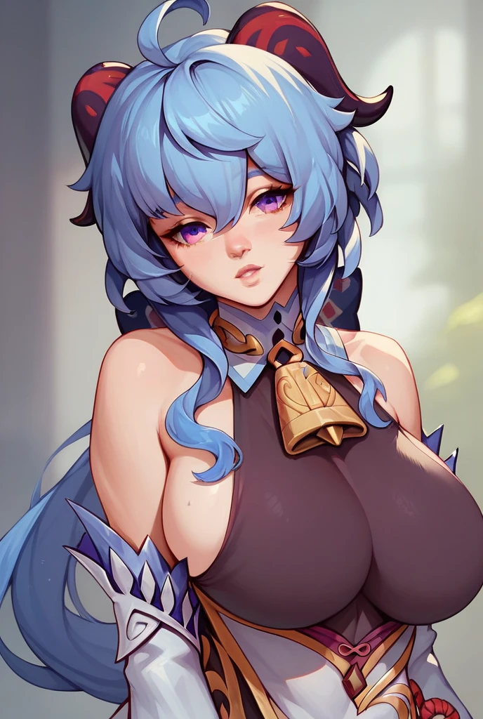 arms up behind,show off nipples,large breasts,((extreme detail)),(ultra-detailed), extremely detailed CG unity 8k wallpaper, best quality, brighid, purple long dress, jeweled collar, closed eyes, closed mouth, upper body, (blue:1.3) fire background,from front