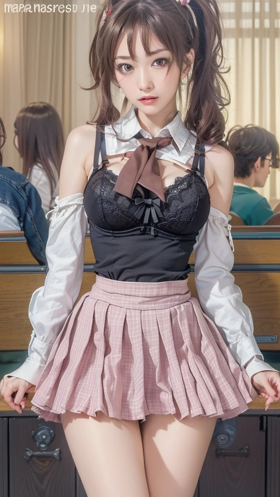 (1girl in), dark brown hair, Amazing face and eyes, Pink eyes, (High school uniform with wide open chest:1.1), Beautiful big breasts, Chest wide open, (amazingly beautiful girl), short-hair, (High School Uniform, Pleated mini-skirt:1.5), ((Best Quality)), (a beautiful slender girl), (extremely detailed CG unified 8k wallpaper), Highly detailed, High-definition raw color photos, Professional Photography,A gentle smile full of happiness、Expression in a state of excitement、Lacking、panting、Rejoice with tears、(((Transparent lace panties are visible:1.5)))、Jumping、Windy、the beach、Open your crotch
