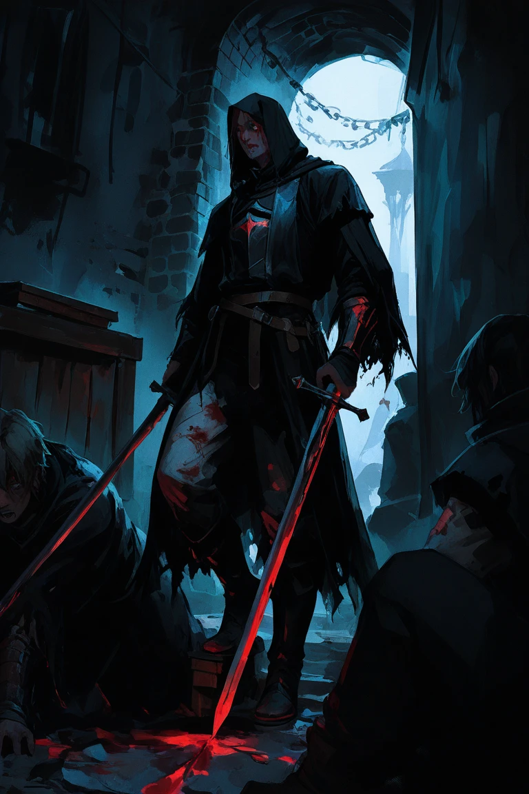 A man, long black hair, red eyes, fair skin, thin body, in a cage, bound, chained, desperate expression, Blood, bright environment