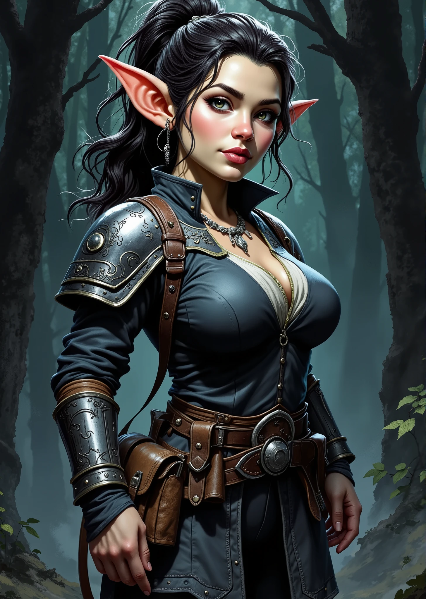 An extremely detailed comic book illustration of a stunningly beautiful extremely curvaceous Gnome from Dungeons and Dragons petite magical folk with big eyes and pointed ears created by gods of invention and illusion seldom seen by other folk due to the gnomes' secretive nature and their propensity for living in forests and burrows making up for their small size with the cleverness trained as a Dungeons and Dragons Gloom Stalker Ranger who keep their unending watch in the wilderness learning to track their quarry as a predator does moving stealthily through the wilds and hiding themselves in brush and rubble able to cast spells that harness the primal powers of the wilderness at home in the darkest placed wielding shadow magic to combat enemies that lurk in darkness wearing a rugged yet stylish outfit that emphasizes her readiness for battle and agility with a fitted dark tunic layered with a lighter-colored undergarment peeking through at the collar and sleeves adding depth to her look protective shoulder guards made from leather intricately designed featuring subtle engravings that hint at craftsmanship with long and fitted sleeves tapering at the wrists with decorative elements or stitching that matches the design of her tunic and armor and a broad belt cinched at her waist adorned with various pouches that is practical yet stylish and dark fitted leggings reinforced at the knees with hair is styled in a practical yet attractive manner possibly pulled back into a ponytail in an art style inspired by Frank Miller and Conan the Barbarian. The Background is awash in dark moody textured brushstrokes in haunted at night forest tones. Standing in a dynamic action pose. Trending on Art Station.