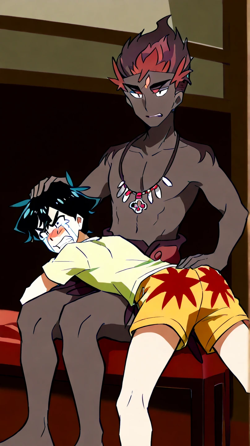 draw a Black  spiked hair, red eyes man waking up from a nightmare in a makeshift bed, scared, shirtless. medium muscles. medieval anime style

