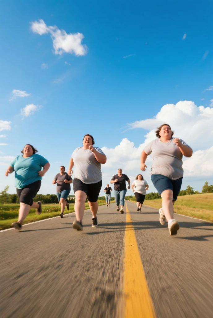 Grotesquely obese woman, cute face, running on a treadmill, sweaty, flabby, fatty.