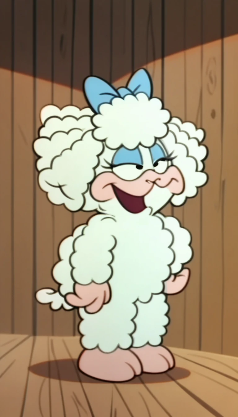 lanolin_sheep, lanolin_us_acres, sheep girl, furry female, official art, official style, lanolin_sheep, lanolin_us_acres, sheep girl, furry female, solo, open mouth, bow, smile, no humans, pointing, official art, official style, highly detailed, high resolution, detailed background, detailed clothing, perfect composition, masterpiece, no human, good 