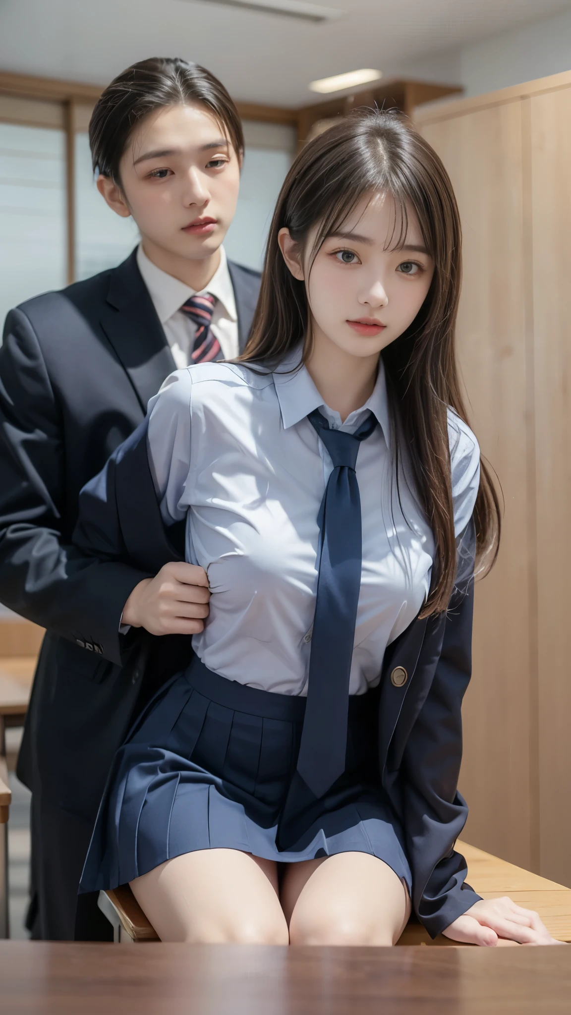 A woman in uniform is sitting at a table, a hyperREAL SCHOOL SCHOOL, touches her stomach, hyperREAL SCHOOL SCHOOL, (software) Watch Safe Workplace , In a strict suit, JK uniform , Sakihime-chan , wears a shirt with a tie , korean girl, in a strict suit, wearing a strict business suit, ((Having sex in a Japanese uniform)), REAL SCHOOL SCHOOL、(detailed hands:1.3, perfect right hand:1.3)