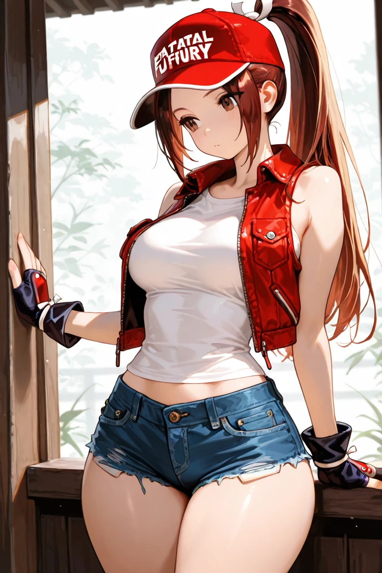 (Masterpiece), Best Quality, expressive eyes, Perfect face, high resolution, (8k), (Perfect face), (ultra details), 1 girl, Alone, chica terry bogard, by rubio, Horse tail, Blue eyes, wide, baseball cap, Gloves without fingers, denim shorts, shoes, hands on one&#39;s chest , blush, afraid, distressed, Bowled over, room background, without putting, standing, portrait, looking down