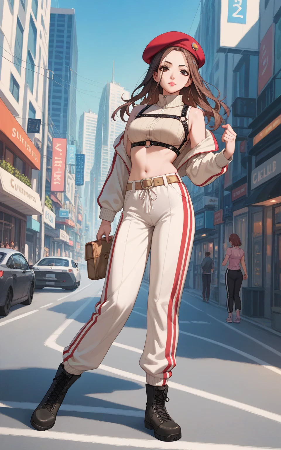 Best Quality, ultra high resolution, (photorealistic:1.4), 1 girl, loose and oversized black jacket, White sports bra, (yoga pants:1), (Light brown hair:1.2), looking at the viewer, smiling, fat body, streets, urban, make up, wide angle