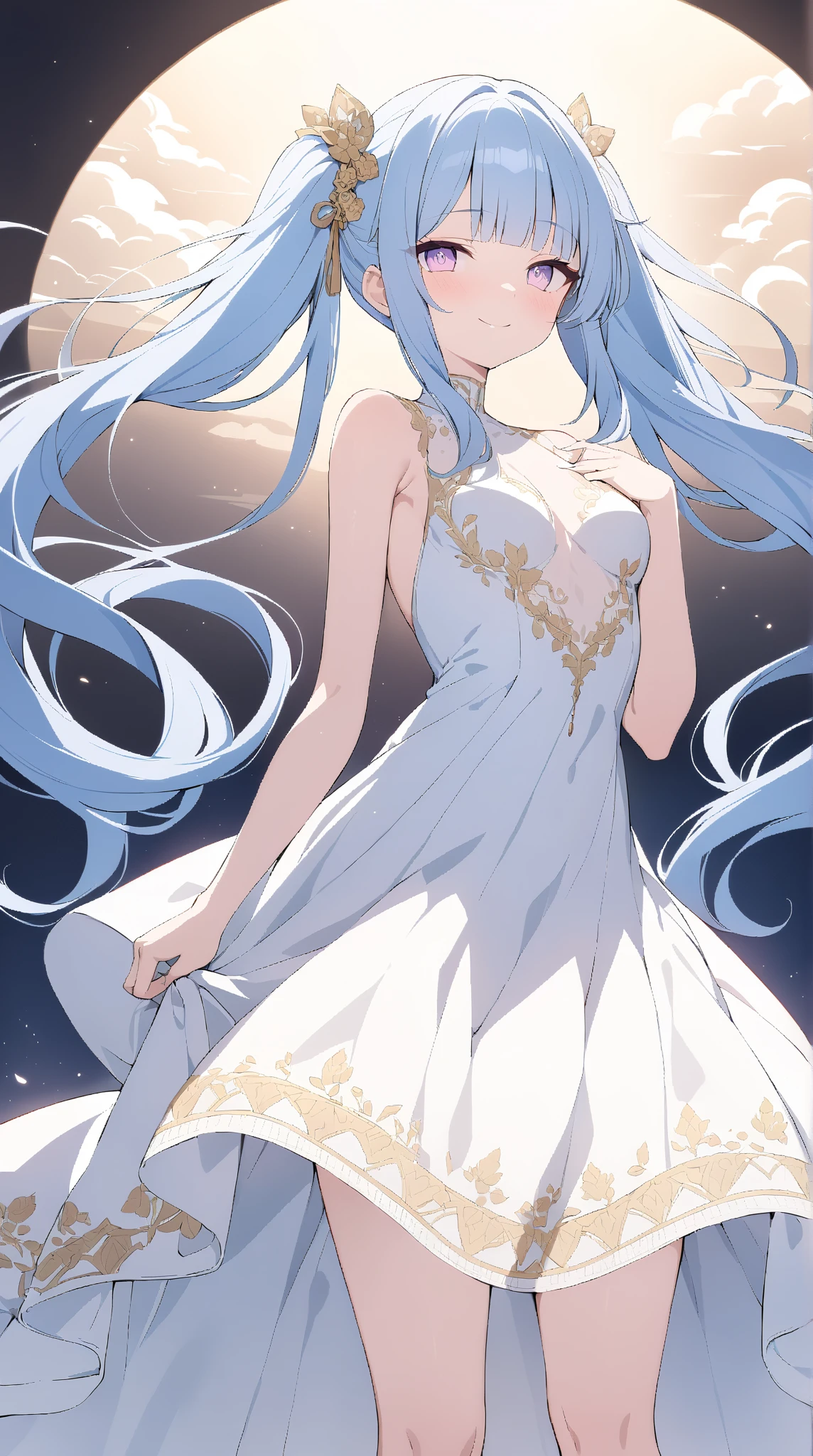 4k,hight resolution,One Woman,White-blue hair,Long ponytail,Bright blue eyes,hime,Princess dress made of ice,Princess Tiara,jewel decorations,Castle made of ice,nigh sky,Background of the Oora Borealis