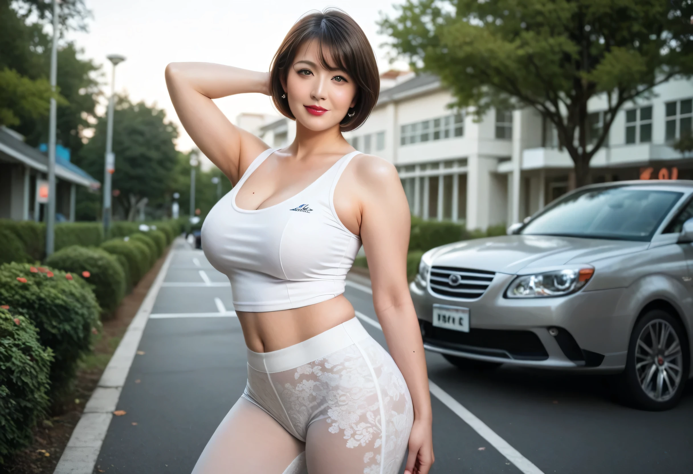 40s, A beautiful Japanese woman, realistic, Photo realistic, Super detailed, Sexy middle aged woman, 最high quality, 8k, Sharp focus, high quality, High resolution, Rounded body, Kind eyes, Hot lips, Married women, Larger breasts, jogging, from below, wearing sports bra & hot pants, (full body shot:1.3), Beautiful Skin, With the riverside in the background
