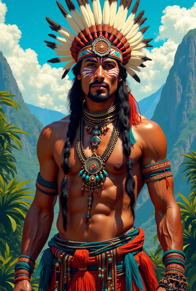 The image shows a shaman from an Amazon tribe, with all the characteristic adornments of the region. He's about 60 years old, with long, gray hair that falls over his shoulders. He has sun-tanned, slightly reddish brown skin, with a few wrinkles that denote his life experience. He has deep brown eyes and an expression of wisdom and serenity. He is wearing a headdress of colorful feathers, which symbolize his authority and his spiritual power. He has several necklaces and earrings of seeds, shells and teeth of animals, which represent his connection with nature and his protective spirits. He has face paintings of geometric shapes, made with jenipapo and annatto, which indicate his function as healer and mediator between the visible and the invisible world. In his hands, he holds a maraca, a musical instrument used in his rituals of healing and communication with spirits. On his chest, he carries a special necklace, made with a green stone, which is his source of energy and knowledge. The background of the image is a landscape of the Amazon rainforest, with trees, plants and animals. Sunlight penetrates between the leaves, creating an effect of shadow and light. The image conveys a sense of peace, harmony and respect for indigenous culture. --auto --s2