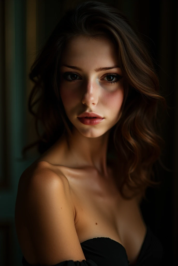 Cute eighteen year old, brunette, young, eye contact, nighttime, smiling, smile, young girl, thin legs, skinny, eighteen, sweet, closed mouth, mouth closed, slim, tiny body, 18, blonde, bright blue eyes, photo real, photorealistic, naked, nude, topless