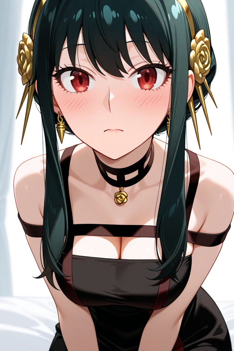 best quality, masterpiece, highres, solo, {yor_briar_spyxfamily:1.15}, black_hair, hairband, red_eyes, sidelocks, white_hairband, jewelry, earrings, bangs, long_hair
