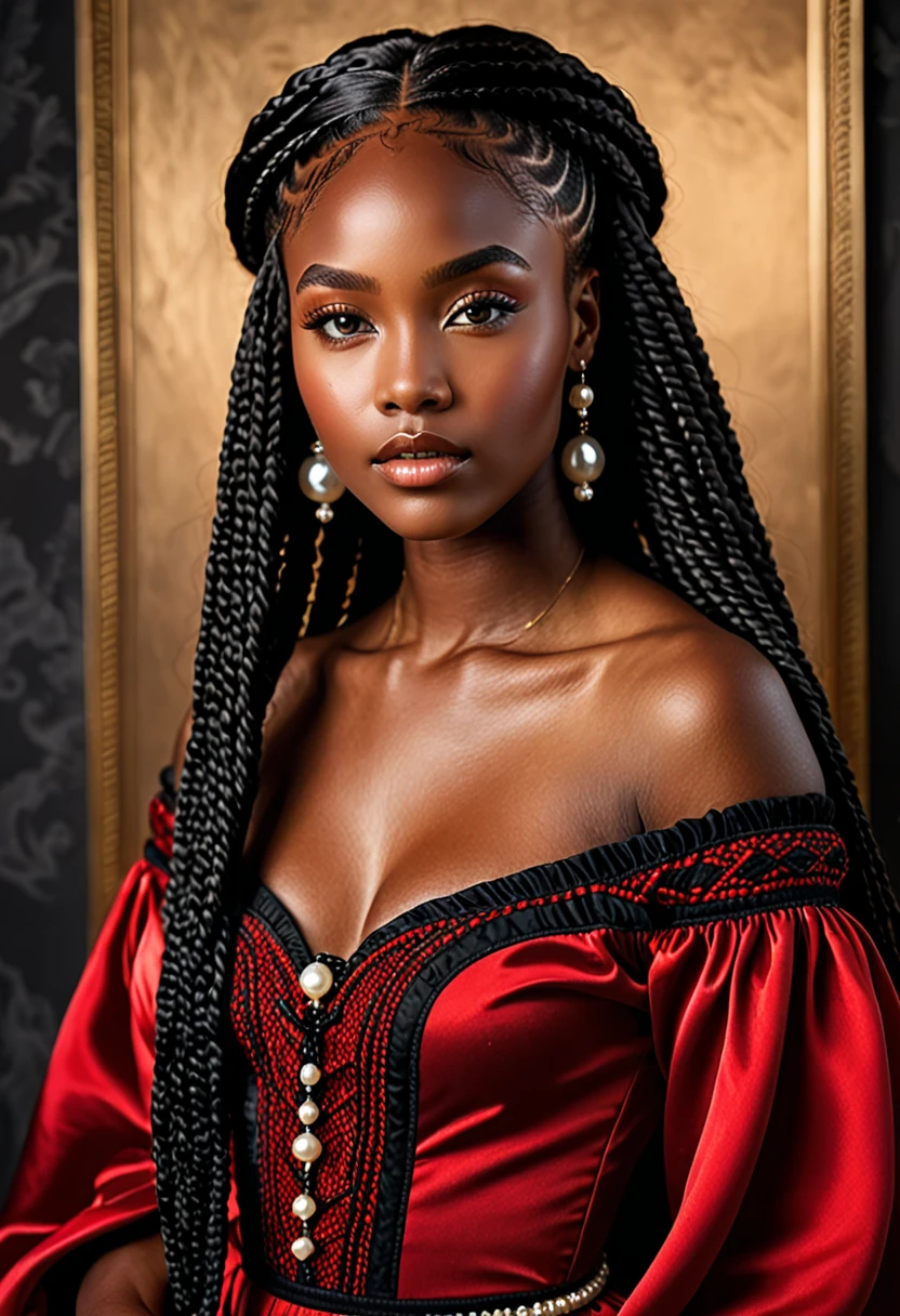 Victorian regencycore woman. A 23 year old beautiful black woman, tyla looking with braids, dark braids, beautiful eyes, beautiful skin, red victorian dress bridgerton styled. Beautiful woman inspired on Bridgerton, red regency dress, victorian dress, braided dark hair, deep green backround, everything very detailed. Regency core dress, bridgerton dress, red bridgerton dress. Perfect face, very ladylike, classy girl with beautiful eyes, tyla looking beautiful in a red bridgerton dress regencycore victorian dress with empire line, puff sleeve dress, victorian red dress, only red, golden details on the dress, very beautiful dress bridgerton inspired, victorian dress, red and gold victorian dress, classy