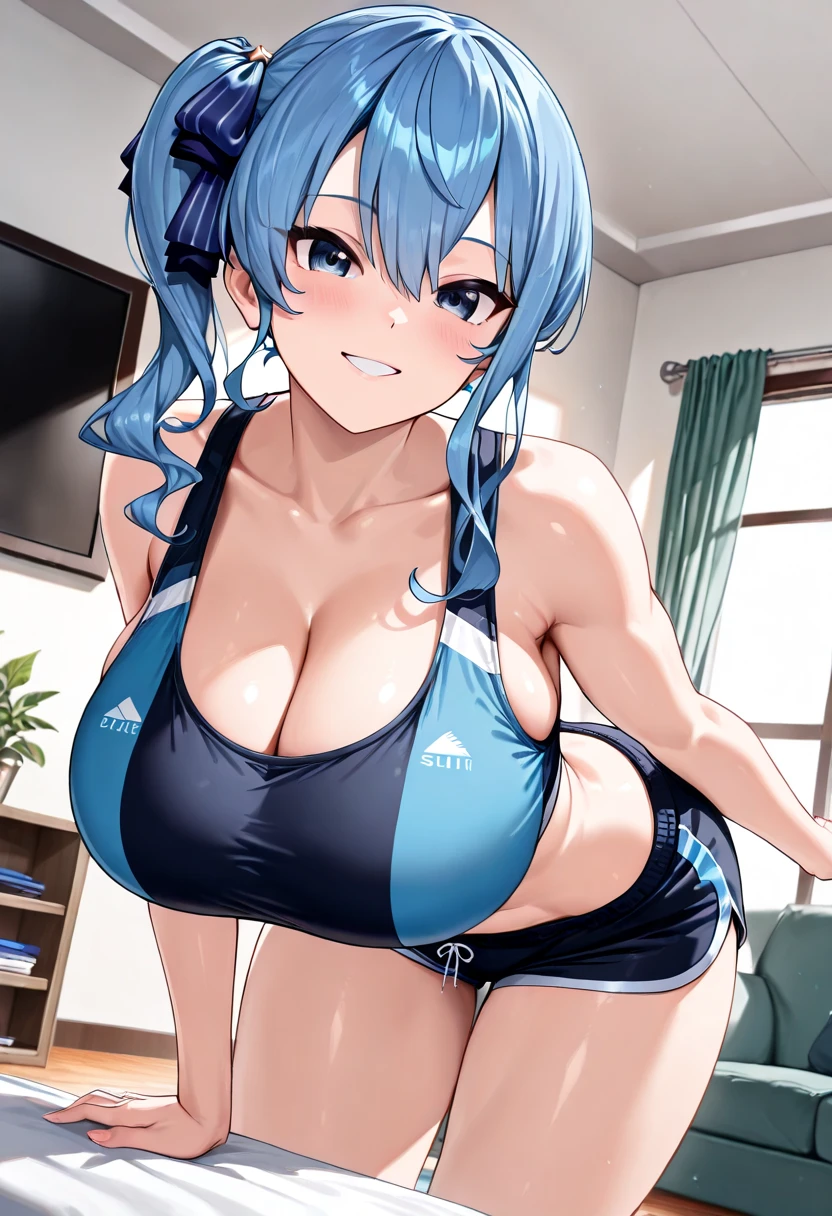 1girl in, Parted lips, blush, makeup, lightsmile, Full body, Wide Angle, frombelow, crass room, llight rays, Glow, thighs thighs thighs thighs, 鎖骨, Narrow waist, (masutepiece), Dark hair color、Sheer、white gym uniform、Dark blue bloomer、White socks、a wet body、Drooling from the mouth、poke the breast