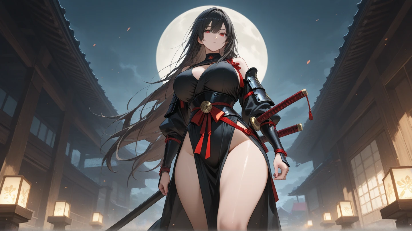 At night with full moon, woman 35 years , with a samurai sword in fire, red long hair, massive boobs, fit hips, smiling, naked, red fire tatoos on the legs, wearing black high heels
