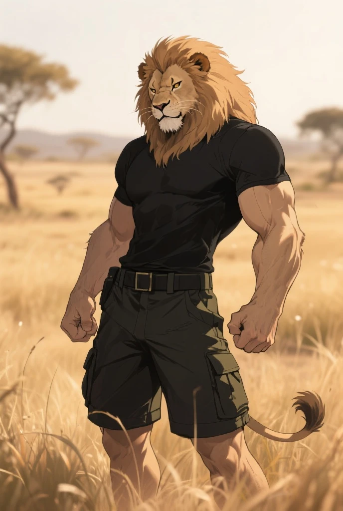 Lion, knife in belt, military vest, exposing pecs, showing pecs, showing chest, male, solo, adult, abs, ((mane)), pecs, big pecs, nipples, older, strong muscles, ((open military vest)), huge muscles, big mane, long mane, detailed face, beautiful eyes, muscular chest, muscular, angry face, sitting in rock, bodybuilder body, beefy, desert field background, looking at viewer, grenades belt, camouflage pants, bulge, body hair, hairy chest, by bruteandbrawn, by personalami, by kenket, (intricate, high detail, film photography, soft focus, RAW candid cinema, photorealism, realistic, photorealistic, analog style, subsurface scattering, masterpiece, best quality, ultra realistic, 8k)