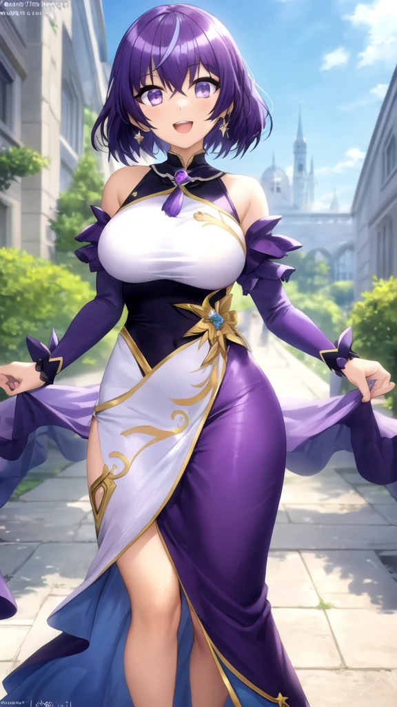 (masterpiece), best quality, intricate details, ultra details, ultra quality, rule of third, (looking at viewer), detailed face, detailed iris, glossy lips, 1girl, solo, long hair, purple eyes, hair between eyes, purple hair, hair intakes, bangs, :D, (full body shot), pink dress, outside, field of flowers, dancing