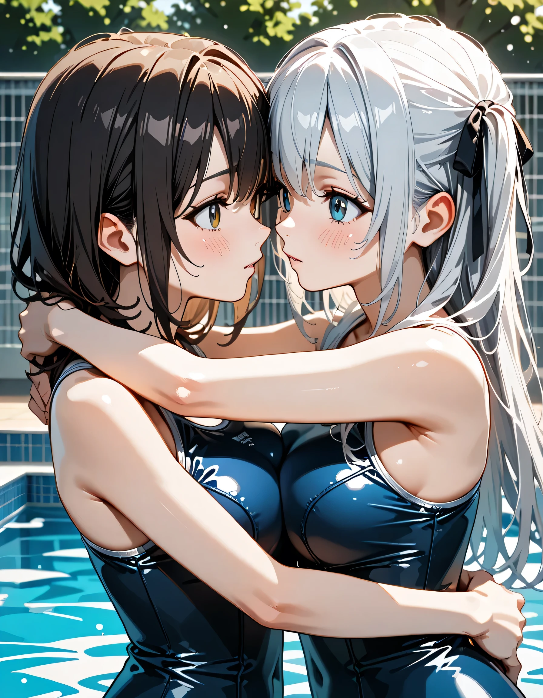 (score_9, score_8_up, score_7_up), source_Anime, absurd_res, white, blue, black, 2girls, duo, multiple girls, upper body, super fine illustration, an extremely delicate and beautiful, best quality, masterpiece, 8K, summer setting, in outdoor school pool, beautiful detailed sky, sunshine pouring down, water splashes sparkle in the sunlight, BREAK
left girl is(long black hair:1.3, half updo:1.3, brown eyes:1.2, wearing glasses:1.2, round eyewear:1.2, thick eyebrows:1.2 , sagging eyes:1.2, hair ribbon with light blue, ample breasts, school swimsuit:1.3, wet clotch, wet body, ultra-beautiful girl), BREAK
right girl is(long silver hair:1.3, two side-up:1.2, blue eyes:1.2, hair ribbon with black, ample breasts, school swimsuit:1.3, wet clotch, wet body, ultra-beautiful girl), BREAK
fluttering hair, blushing faces, surprised expression, embarrassed reaction, yuri:1.3, lesbian foreplay:1.3, looking at each other:1.3, face-to-face:1.3 mutual hug:1.3, breast press:1.3, dynamic pose, soft fabric movement, fluttering petals, warm and bright atmosphere, soft lighting, delicate color palette, detailed clothing folds, flowing hair, lively spring vibe, highly detailed rendering, breathtaking composition,