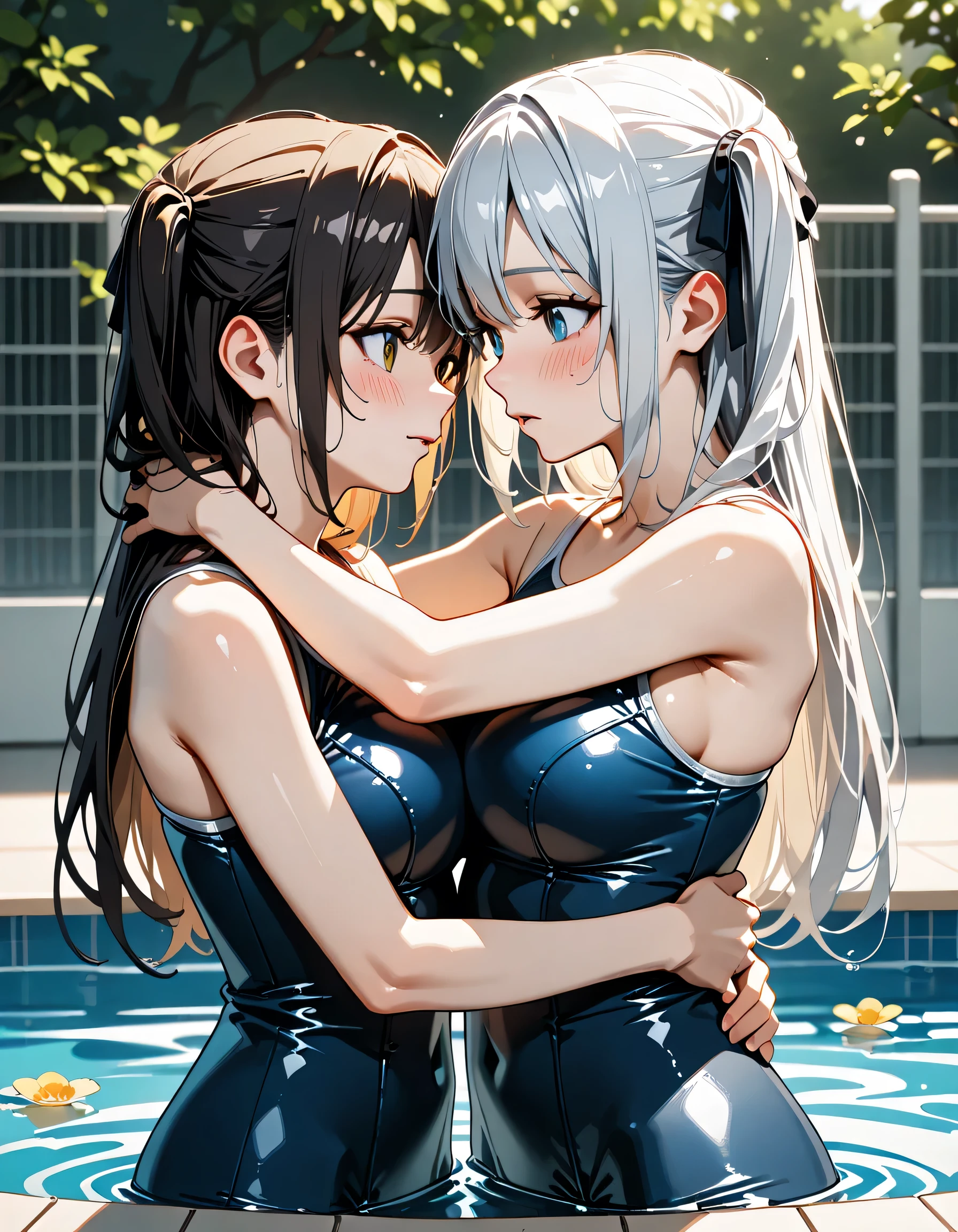 (score_9, score_8_up, score_7_up), source_Anime, absurd_res, white, blue, black, 2girls, duo, multiple girls, upper body, super fine illustration, an extremely delicate and beautiful, best quality, masterpiece, 8K, summer setting, in outdoor school pool, beautiful detailed sky, sunshine pouring down, water splashes sparkle in the sunlight, BREAK
left girl is(long black hair:1.3, half updo:1.3, brown eyes:1.2, wearing glasses:1.2, round eyewear:1.2, thick eyebrows:1.2 , sagging eyes:1.2, hair ribbon with light blue, ample breasts, school swimsuit:1.3, wet clotch, wet body, ultra-beautiful girl), BREAK
right girl is(long silver hair:1.3, two side-up:1.2, blue eyes:1.2, hair ribbon with black, ample breasts, school swimsuit:1.3, wet clotch, wet body, ultra-beautiful girl), BREAK
fluttering hair, blushing faces, surprised expression, embarrassed reaction, yuri:1.3, lesbian foreplay:1.3, looking at each other:1.3, face-to-face:1.3 mutual hug:1.3, breast press:1.3, dynamic pose, soft fabric movement, fluttering petals, warm and bright atmosphere, soft lighting, delicate color palette, detailed clothing folds, flowing hair, lively spring vibe, highly detailed rendering, breathtaking composition,