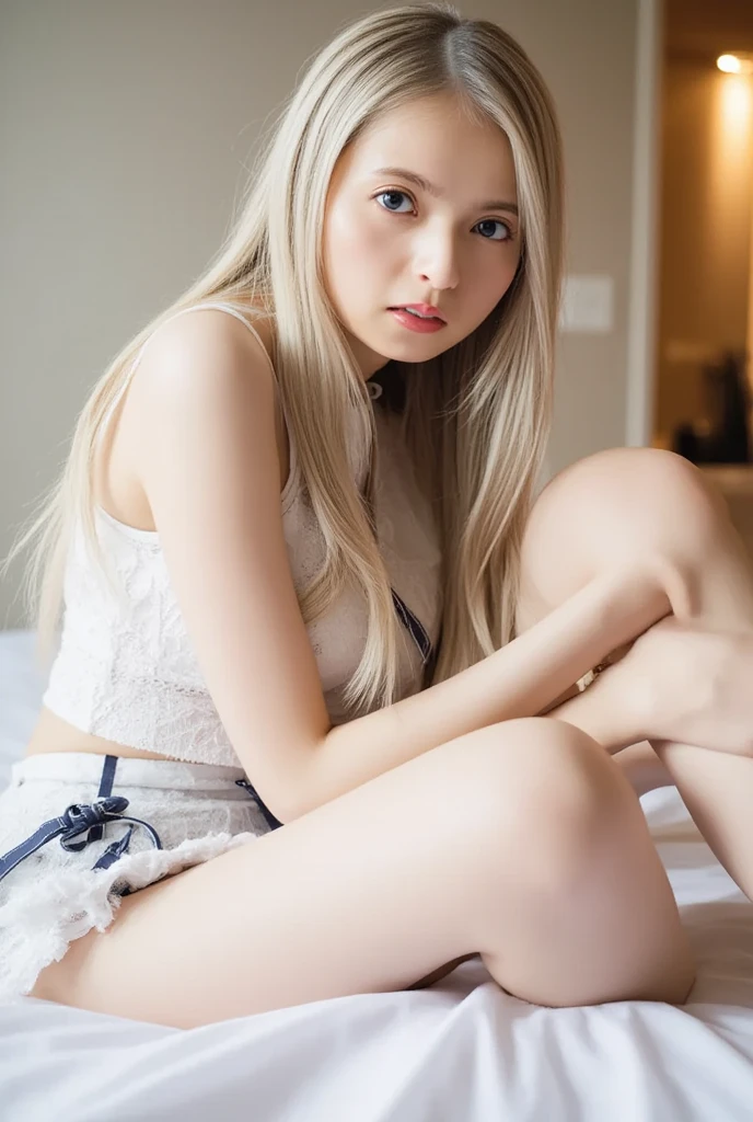 a very cute blonde girl, naked, apron, sitting, knees to chest, looking at viewer, raw photo