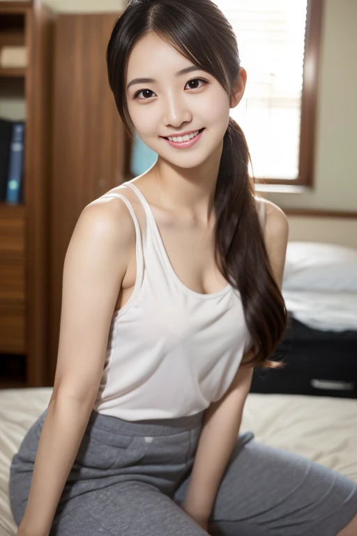munechira、Down blouse、(((Realistic skin types)))、(Leaning forward:1.3)、(Oversized T-shirt、Loose fitting T-shirt、Low-cut T-shirt:1.2)、(Highest quality、8K、32k、masterpiece)、(Detailed bra)、Japanese、28 years old、Very cute girl、Beautiful girl、squat、Bright smile、living room、Bright room、Blurred Background、shortcut、Upper body close-up、Shooting from above