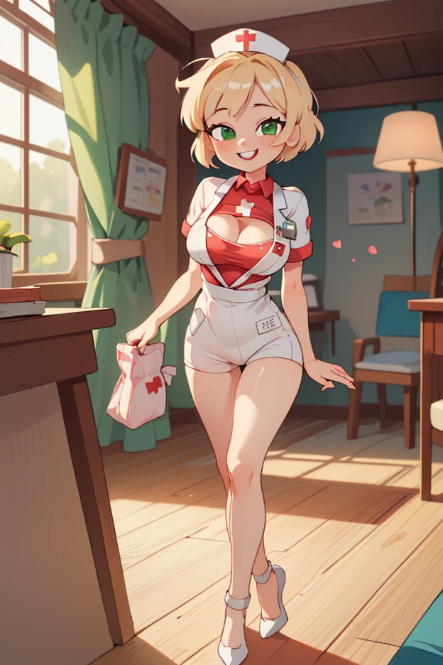Peach skinned gorgeous woman with white hair in a bun with a red bow, ditzy, wearing red polo collar shirt with rolled sleeves and red short skirt, black heels, very cute, in a white house, big breasts