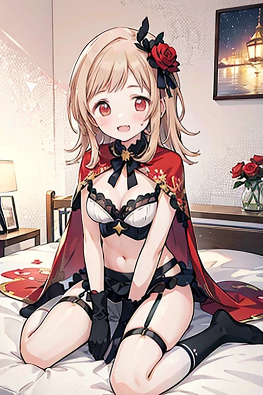 ((4K, master piece, Best Quality)), 1girl in, Light brown SHRT hair, Red Eyes, center parted hair, medium breasts, Cute, blush, Underwear is visible, Roomwear