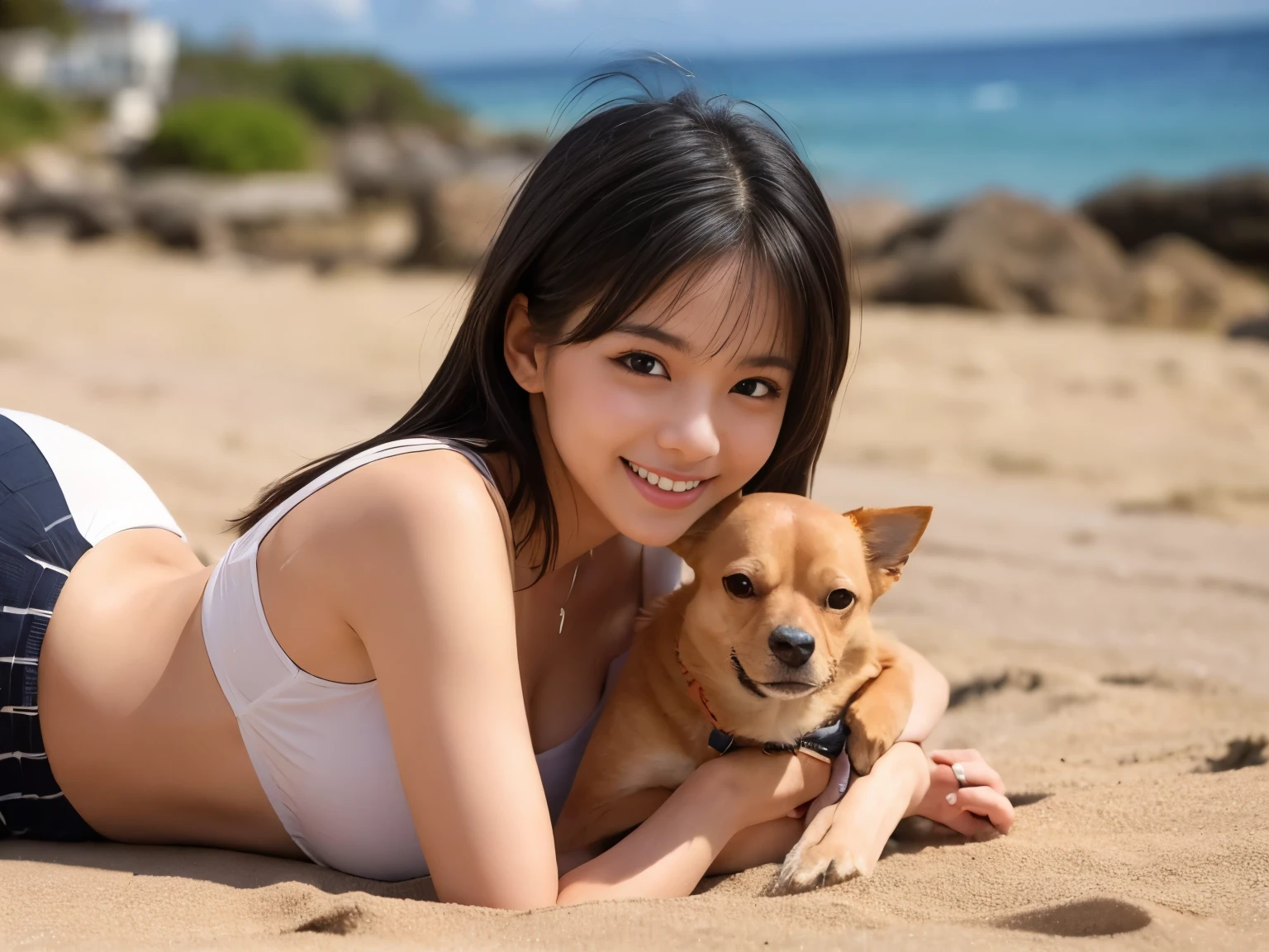 A woman lying on a sandy beach、A woman's whole body is holding a Chihuahua, ,, what?, とてもcute smileの女の子 , Beautiful young , BEAUTIFUL FACE - BEAUTIFUL BLACK HAIR , Shot with Nikon D750された写真 , Shot with Nikon D750 , cute smile