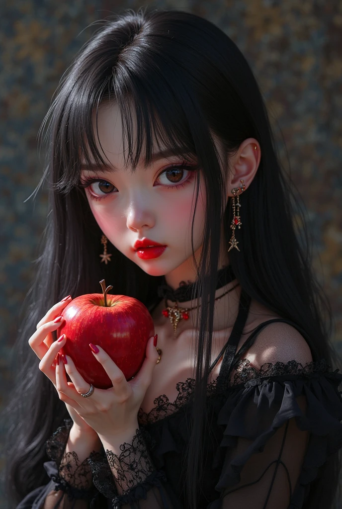 ((RAW photos),Absurd ,(Absurd 分辨率)),masterpiece,Best quality,(extremely detailed 8k unity CG wallpaper),(Most Best Illustration),(BEST SHADOW),Realistic lighting,Beautiful and detailed brilliance ,((21yo)),girl,longblackhair,Black Queen,accessories,Hold an apple,Poison apples,Witch Queen,red lipsticks,(((Her photography perspective)))
