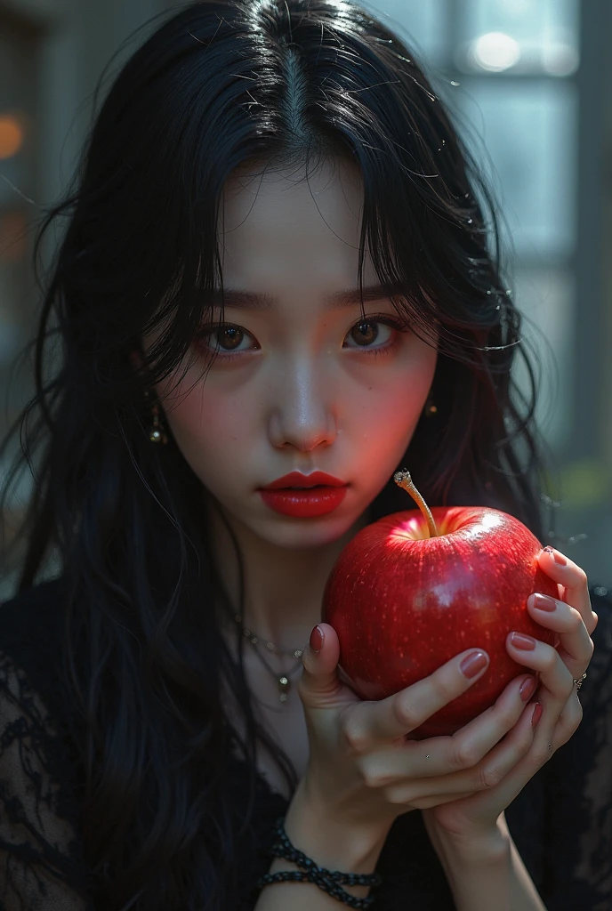 ((RAW photos),Absurd ,(Absurd 分辨率)),masterpiece,Best quality,(extremely detailed 8k unity CG wallpaper),(Most Best Illustration),(BEST SHADOW),Realistic lighting,Beautiful and detailed brilliance ,((21yo)),girl,longblackhair,Black Queen,accessories,Hold an apple,Poison apples,Witch Queen,red lipsticks,(((Her photography perspective)))