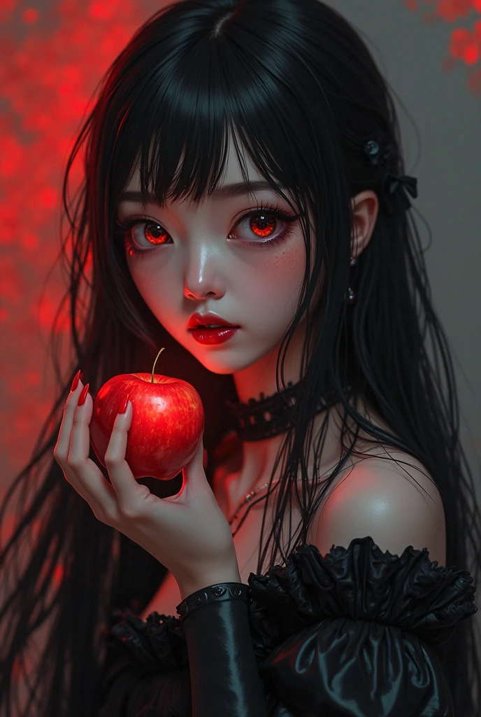 ((RAW photos),Absurd ,(Absurd 分辨率)),masterpiece,Best quality,(extremely detailed 8k unity CG wallpaper),(Most Best Illustration),(BEST SHADOW),Realistic lighting,Beautiful and detailed brilliance ,((21yo)),girl,longblackhair,Black Queen,accessories,Hold an apple,Poison apples,Witch Queen,red lipsticks,(((Her photography perspective)))