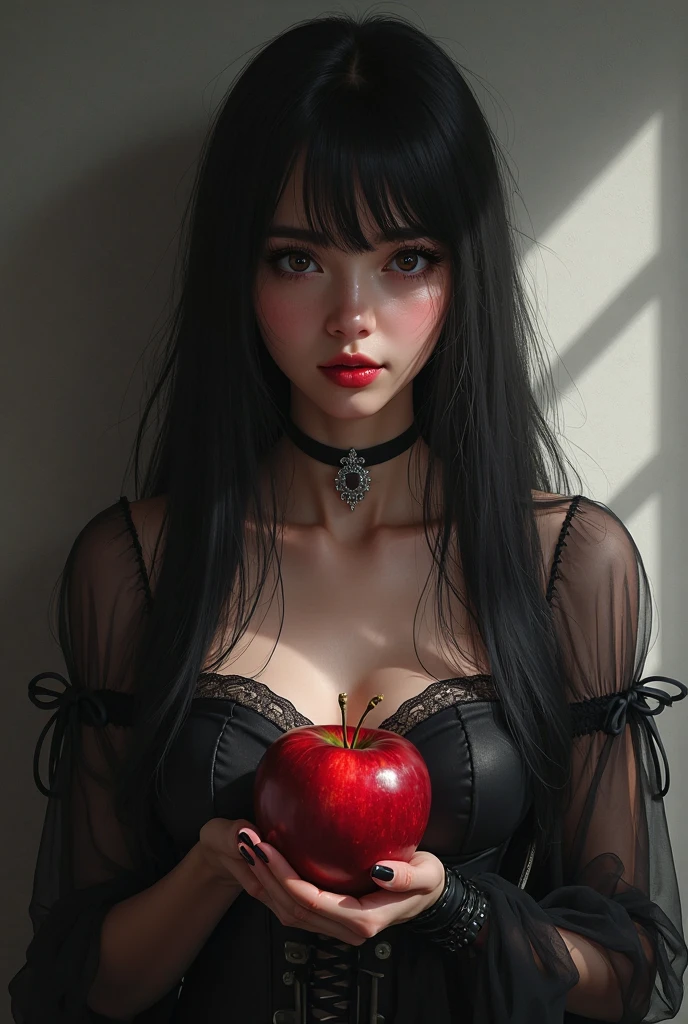 ((RAW photos),Absurd ,(Absurd 分辨率)),masterpiece,Best quality,(extremely detailed 8k unity CG wallpaper),(Most Best Illustration),(BEST SHADOW),Realistic lighting,Beautiful and detailed brilliance ,((21yo)),girl,longblackhair,Black Queen,accessories,Hold an apple,Poison apples,Witch Queen,red lipsticks,(((Her photography perspective)))