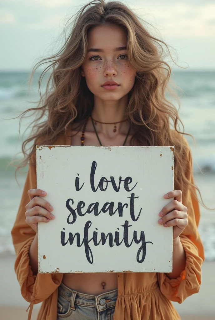 Beautiful girl with wavy long hair,Dressed in a bohemian style,Holding a whiteboard with the words "I Love SeaArt Infinity",and show the audience