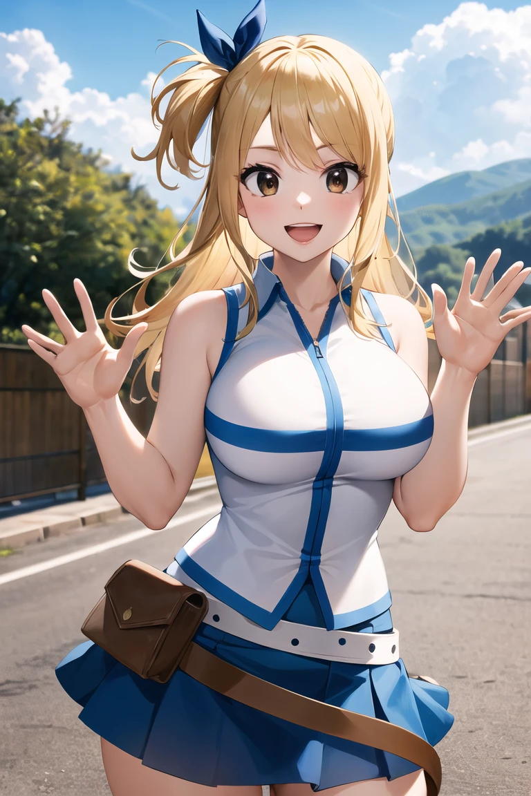masterpiece, best quality, highres, lucy heartfilia, blonde hair, long hair, large breasts, white shirt, sleeveless, belt, blue skirt,  cowboy shot, standing, looking at viewer, outdoors, waving, smile, open mouth,