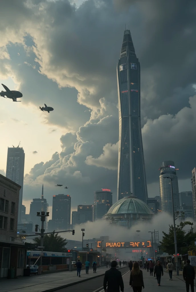 Sci-fi city surrounded by dark clouds at sunset (retrotide:1)