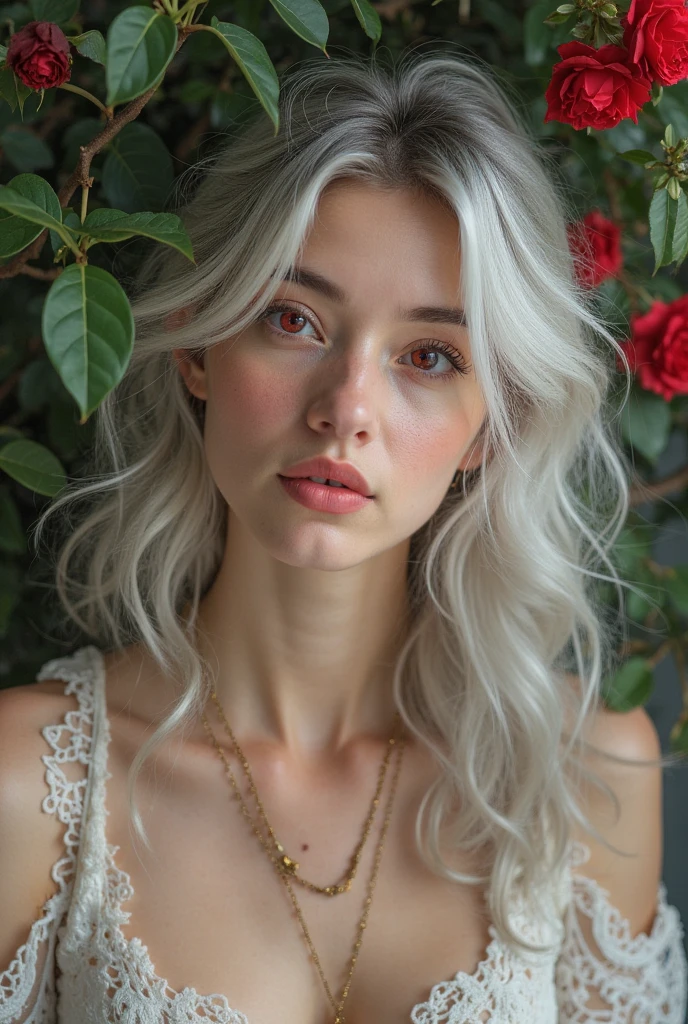 A lady with silvery hair, fluffy, and wavy, gently stares, Her striking red eyes and closed left eye add mystery. She wears a delicate white lace,Decorated with floral motifs,with a necklace with a small pendant. Her gentle smile and rosy cheeks radiate warmth. The background suggests that the interior environment is soft, Diffuse lighting, Probably from the window, Cast soft shadows. The lush green leaves and bright red rose around her It has a peaceful atmosphere, Intimate atmosphere. The overall atmosphere is gentle and inviting, With a touch of mystery.