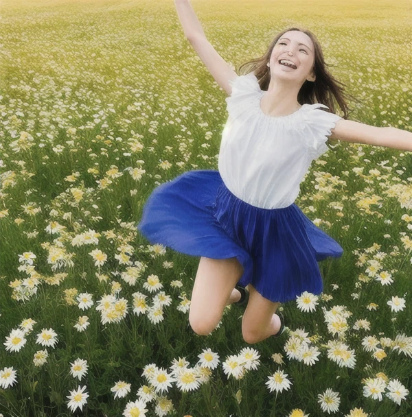 Create a vibrant, high-resolution digital painting of a young girl running joyfully through a sunlit meadow at golden hour. The scene should evoke warmth, , and youthful energy. The girl, around 12-, has long, windswept hair (light brown or blonde) and wears a flowing summer dress (white or pastel colors) that flutters dynamically as she moves. Her expression is radiant—eyes sparkling, lips parted in laughter—capturing pure exhilaration.The setting is a vast, idyllic meadow dotted with wildflowers (daisies, poppies, lavender) under a clear blue sky with soft, tered clouds. Sunlight bathes everything in a golden glow, casting long, delicate shadows and lens flares for a dreamy effect. The grass sways gently in the breeze, and sunlight filters through strands of her hair, creating a subtle halo.Focus on realism with a touch of hereal fantasy: hyper-detailed textures (fabric folds, flower petals), cinematic depth of field (background slightly blurred), and vibrant colors (emerald greens, warm yellows, sky blues). Add motion blur to her feet and dress to emphasize speed, with a few floating petals or dandelion seeds enhancing the dynamism. The composition should balance warmth (sunlight) and cool tones (shadows) for visual harmony.