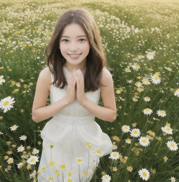 Create a vibrant, high-resolution digital painting of a young girl running joyfully through a sunlit meadow at golden hour. The scene should evoke warmth, , and youthful energy. The girl, around 12-, has long, windswept hair (light brown or blonde) and wears a flowing summer dress (white or pastel colors) that flutters dynamically as she moves. Her expression is radiant—eyes sparkling, lips parted in laughter—capturing pure exhilaration.The setting is a vast, idyllic meadow dotted with wildflowers (daisies, poppies, lavender) under a clear blue sky with soft, tered clouds. Sunlight bathes everything in a golden glow, casting long, delicate shadows and lens flares for a dreamy effect. The grass sways gently in the breeze, and sunlight filters through strands of her hair, creating a subtle halo.Focus on realism with a touch of hereal fantasy: hyper-detailed textures (fabric folds, flower petals), cinematic depth of field (background slightly blurred), and vibrant colors (emerald greens, warm yellows, sky blues). Add motion blur to her feet and dress to emphasize speed, with a few floating petals or dandelion seeds enhancing the dynamism. The composition should balance warmth (sunlight) and cool tones (shadows) for visual harmony.