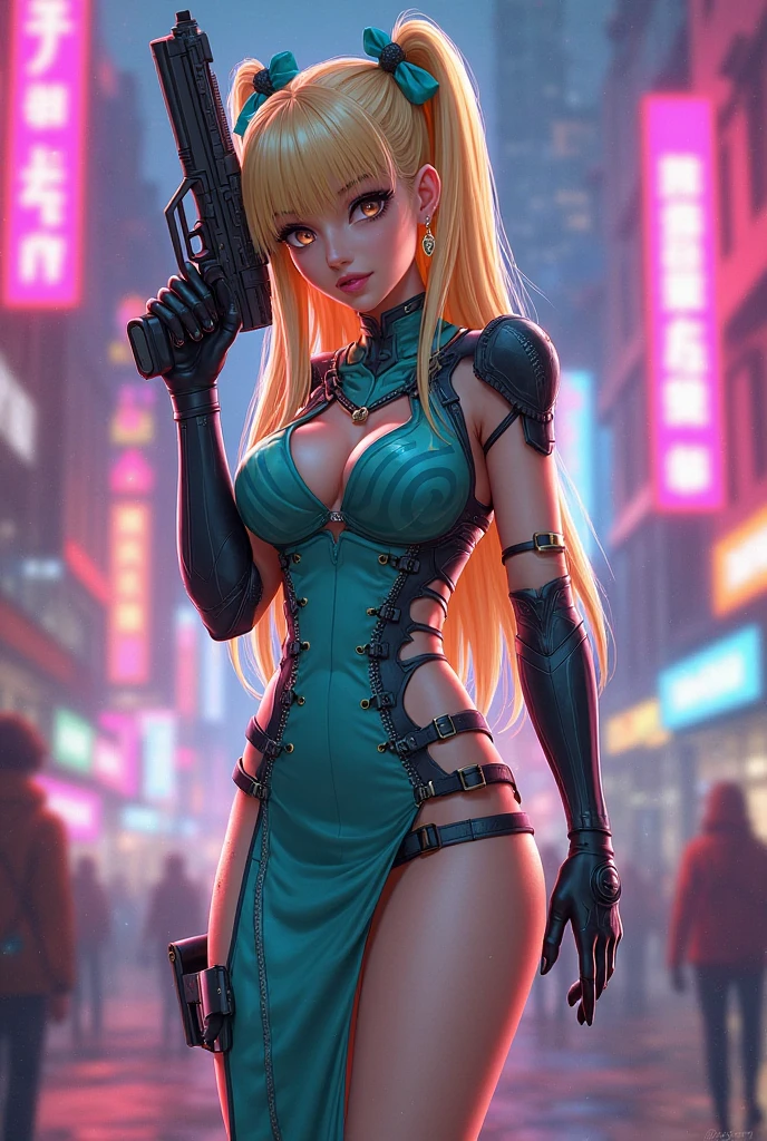 The image depicts an animated character in a vibrant cityscape. She has long, straight blonde hair styled with teal highlights and tied with matching hair accessories. Her outfit is a futuristic teal dress with intricate patterns, featuring a high slit, paired with armored elements on the shoulders and a strap around her thigh. She is wearing black gloves, holding a pistol, with a dynamic, action-ready pose, and black sneakers with white socks. The scene is lit with intense, colorful lighting that casts soft shadows and highlights the atmosphere of a neon-lit urban environment, with glowing, pink-hued buildings enhancing the cyberpunk ambiance.